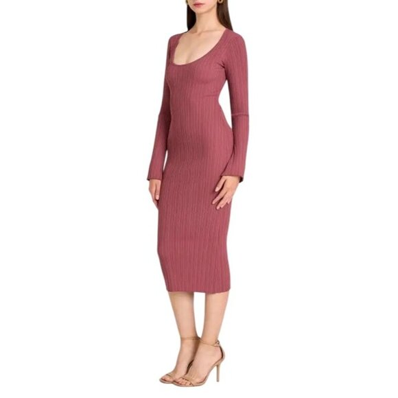 NWT WAYF XL Ribbed Knit Midi Bodycon Dress Tie Waist Viscose/Nylon Deep Mauve - Picture 1 of 15